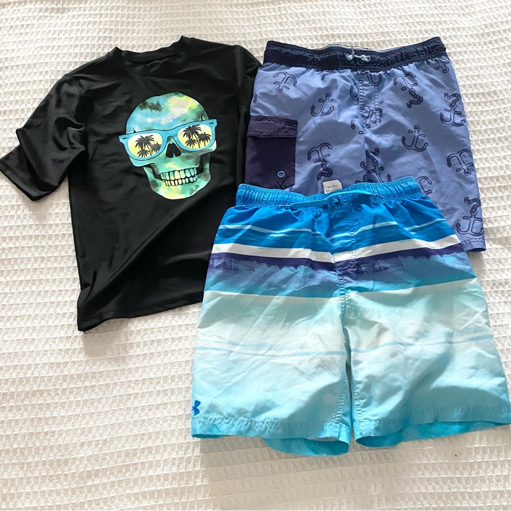 Kids Swim trunk and Skull Graphic Rashguard Bundle size M/L